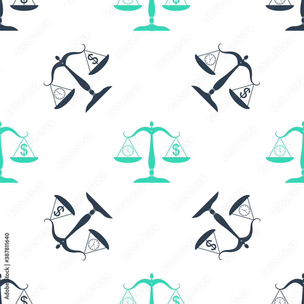 Poster green scale weighing money and time icon isolated seamless pattern on white background. scales with 