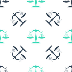 Green Scale weighing money and time icon isolated seamless pattern on white background. Scales with hours and a coin. Balance between work and the given time. Vector.