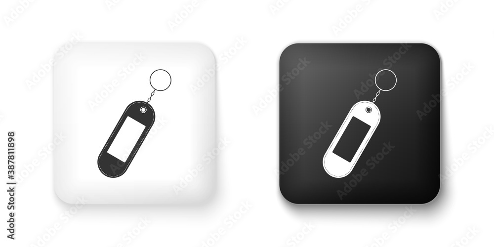 Poster black and white key chain icon isolated on white background. blank rectangular keychain with ring an