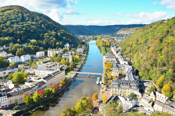 Aerial view of the city of Bad Ems. View of the Lan River and the city. October. Autumn colors.