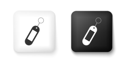 Black and white Key chain icon isolated on white background. Blank rectangular keychain with ring and chain for key. Square button. Vector.