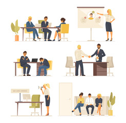 Headhunting, recruitment, staff search, employment service. Job managers, employers, recruiters hiring staff. Job seekers at interview vacancy candidates. Hiring and refusing to work, HR agency