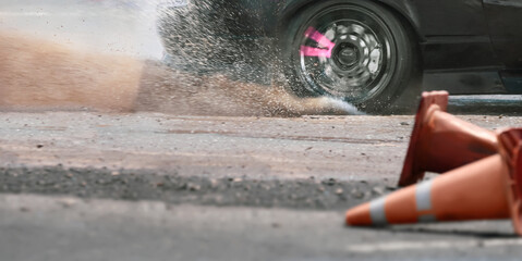 Close up drift race car increasing speed on drift playground