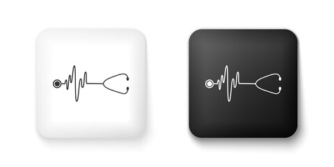 Fototapeta premium Black and white Stethoscope with a heart beat icon isolated on white background. Medical concept. Pulse care symbol. Square button. Vector.