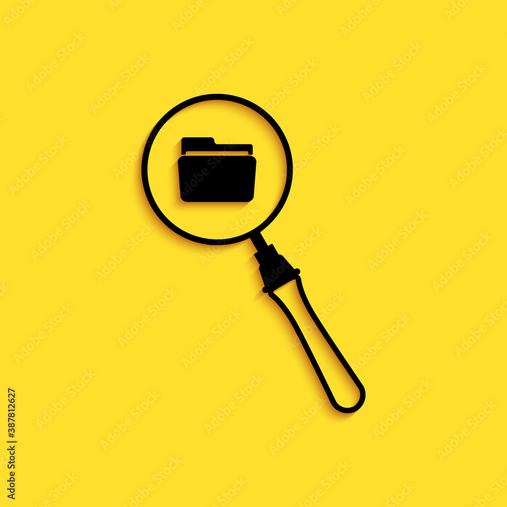 Poster black search concept with folder icon isolated on yellow background. magnifying glass and document. 