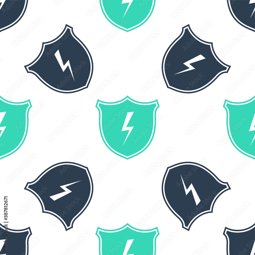 Poster green secure shield with lightning icon isolated seamless pattern on white background. security, saf