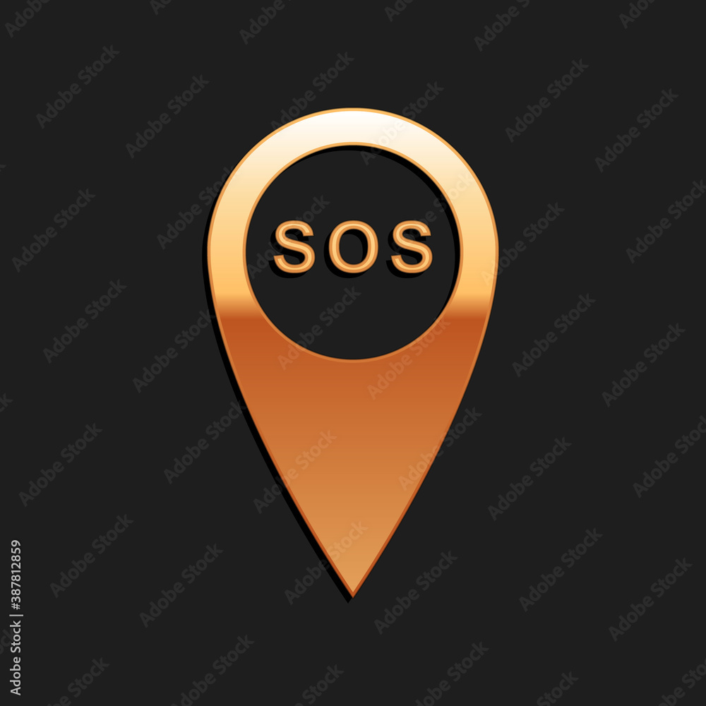 Poster gold marker location with sos icon isolated on black background. sos call location marker. map point