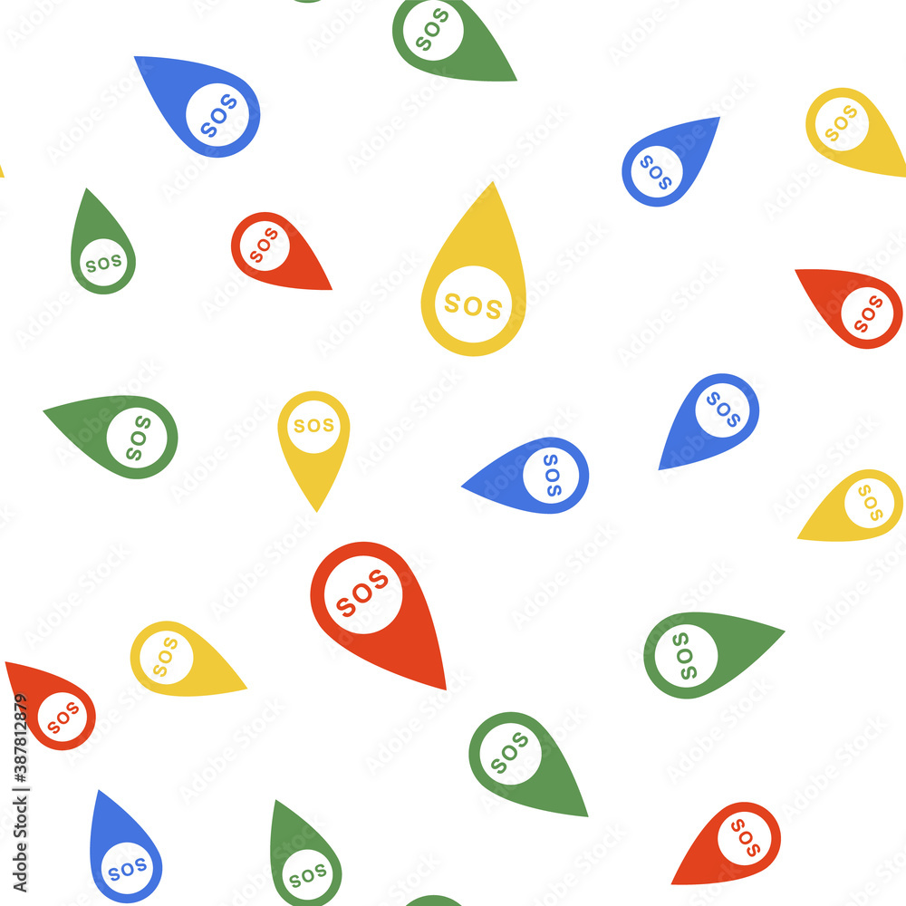 Poster color marker location with sos icon isolated seamless pattern on white background. sos call location