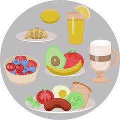 healthy breakfast of several dishes isolated on a gray background