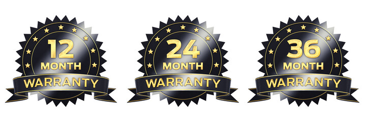 12, 24, 36 month black and gold warranty label icons isolated on white, 3d illustration