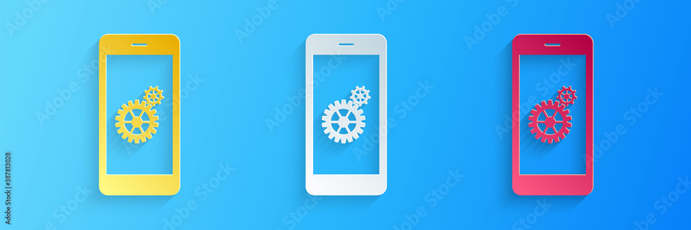 Poster paper cut setting on smartphone screen icon isolated on blue background. mobile and gear. adjusting 