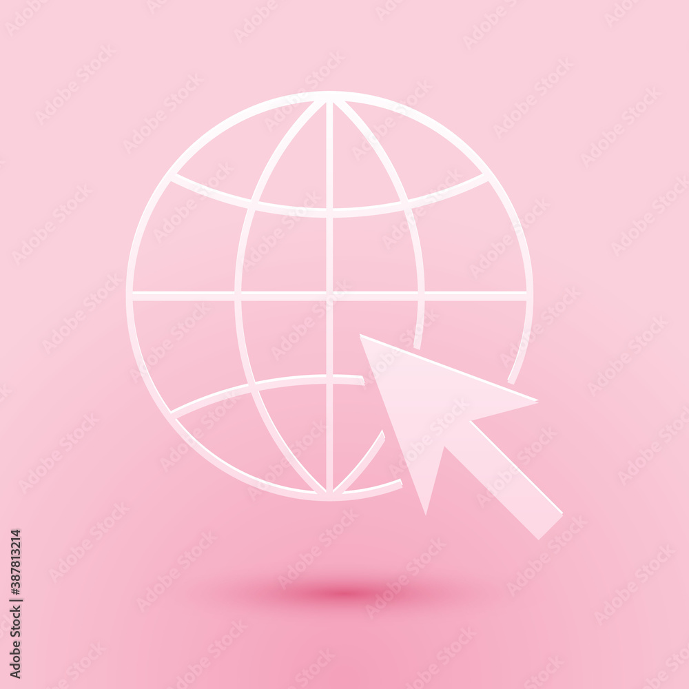 Poster paper cut go to web icon isolated on pink background. globe and cursor. website pictogram. world wid