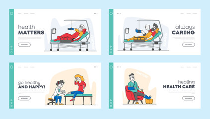 Injured Patients and Doctor Landing Page Template Set. Characters with Fracture Lying on Bed with Bounded Head
