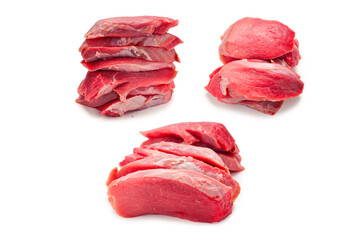 Veal pieces raw isolated on white background.