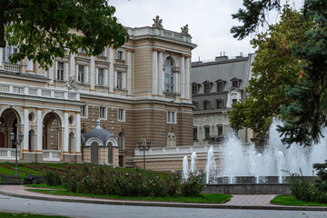 Fototapeta na wymiar Square near the Odessa Opera and Ballet Theater. Exterior. October day.