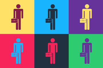 Pop art Businessman man with briefcase icon isolated on color background. Vector.