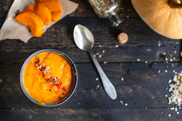 pumpkin cream soup eat first course top view copy space for text food background rustic keto or paleo diet