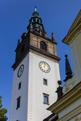 Fototapeta na wymiar Tower of the historic cathedral in Litomerice, Czech Republic