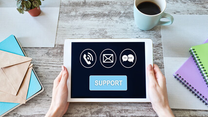 Technical support icons on screen. Call to help center. Internet and technology concept.