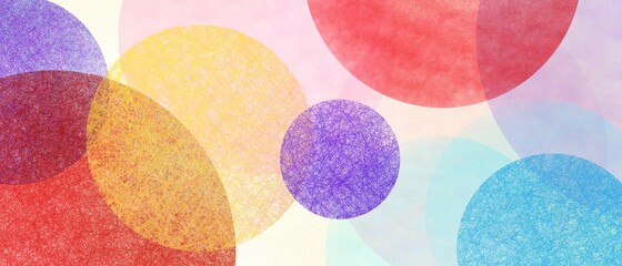 Abstraktes modernes Kunsthintergrunddesign mit Kreisen und Punkten in buntem Blau, Gelb, Rot und Lila auf hellbeigem oder weißem Hintergrund © Arlenta Apostrophe