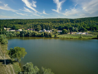 Fototapeta premium Aerial view of Landscape with lake about Thiganesty Monastery, Moldova republic of.