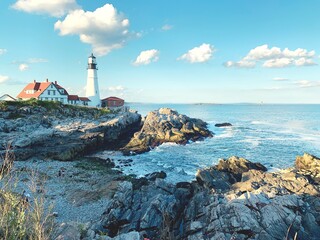 Fototapeta na wymiar Portland Headlight, also called the Cape Elizabeth Lighthouse in Cape Elizabeth, Maine.