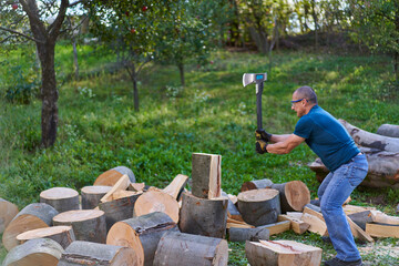 Farmer splitting logs