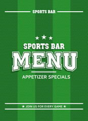 Green sports bar menu. Can be used for soccer and american football style. Retro, grunge, vintage style. Vector illustrator. Template with striped background.