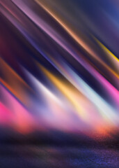 Dark abstract background with ultraviolet neon glow. Blurry neon waves. Light effect. Reflection on the asphalt. 3d illustration