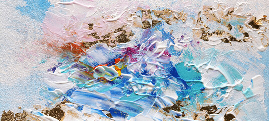 Abstract acrylic gold patal smear blot painting. Color horizontal texture background.