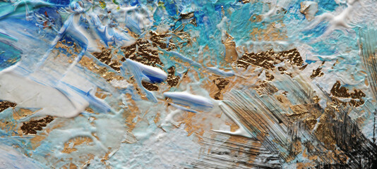 Abstract acrylic color and gold patal smear blot painting. Horizontal texture background.