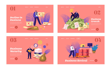 Business Lifecycle Landing Page Template Set. Businessman Character Achieve Success from Startup Launch, Development