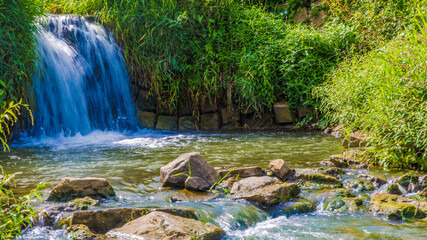 Waterfall with clean water flowing through wild grass and green vegetation towards a stony stream...