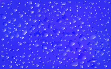 Realistic dark blue background, rectangular surface. Transparent droplets range of liquid lie on on motley backdrop. Clean water drops. Vector illustration