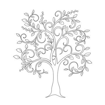 contour draving doodle tree with leaves