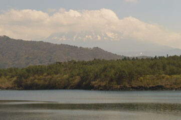 Sunset over Mount Fuji and the lakes of Honshu Island during Cherry Blossom (Hanami) in Japan