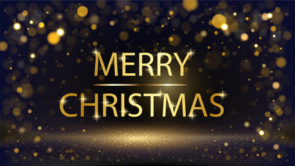 card or banner on "merry christmas" in gold on a black background with round gold bokeh effect
