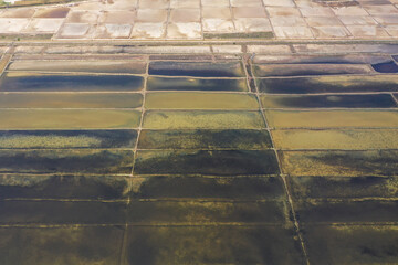 PAG ISLAND, CROATIA, OCTOBER 2020. Aerial view of old saltern on the island of Pag. Historical saline. 