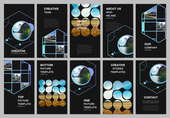 Social networks stories design, vertical banner or flyer templates. Covers design templates for flyer, leaflet, brochure cover. Abstract smart technology design with hexagons and place for photo.