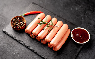 raw classic sausages and sauce on a stone background