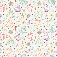 Spices multicolored seamless pattern. Star anise, soy beans, parsley, garlic, cloves, hot chili pepper, bell pepper, haricot. Vintage seasonings background 
