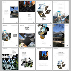 Fototapeta na wymiar A4 brochure layout of covers design template with triangles, triangular pattern for flyer leaflet, A4 brochure design, report, presentation, magazine cover, book design.Background with place for photo