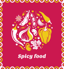 Spice circle label. Star anise, soy beans, parsley, garlic, cloves, hot chili pepper, bell pepper, paprika. Seasonings illustration