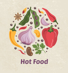 Spice circle background. Star anise, soy beans, parsley, garlic, cloves, hot chili pepper, sweet pepper, paprika. Seasonings collection. For label, recipe card