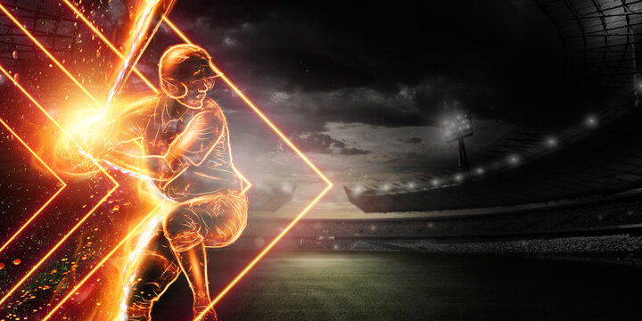 Silhouette, the image of a baseball player with a bat on the background of the stadium. Online sports concept, betting, American game.
