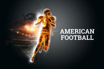 Silhouette of an American football player on fire on a dark background. Concept for sports, speed, bets, American game. 3D illustration, 3D render. © Aliaksandr Marko