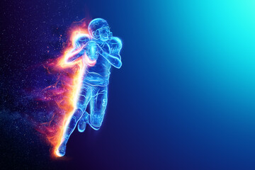Silhouette of an American football player on fire on a blue background. Concept for sports, speed, bets, American game. 3D illustration, 3D render.