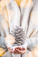 Christmas decor in women hand. Christmas greeting card. Woman's hands hold christmas or new year decorated gift.
