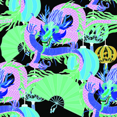 Creative seamless pattern with hand drawn chinese art elements: dragon, lantern, fan and flowers. Trendy print. Fantasy chinese dragon, great design for any purposes. Asian culture. Abstract art.	