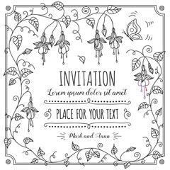 Fuchsia flower frame with butterfly in black and white. Floral greeting card design with copy space for your text 